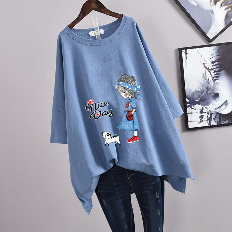 Picture of 100kg Plus Size Women's Summer Leaf Print Casual Slit Mid-Length Short Sleeve T-Shirt Loose Oversized Style