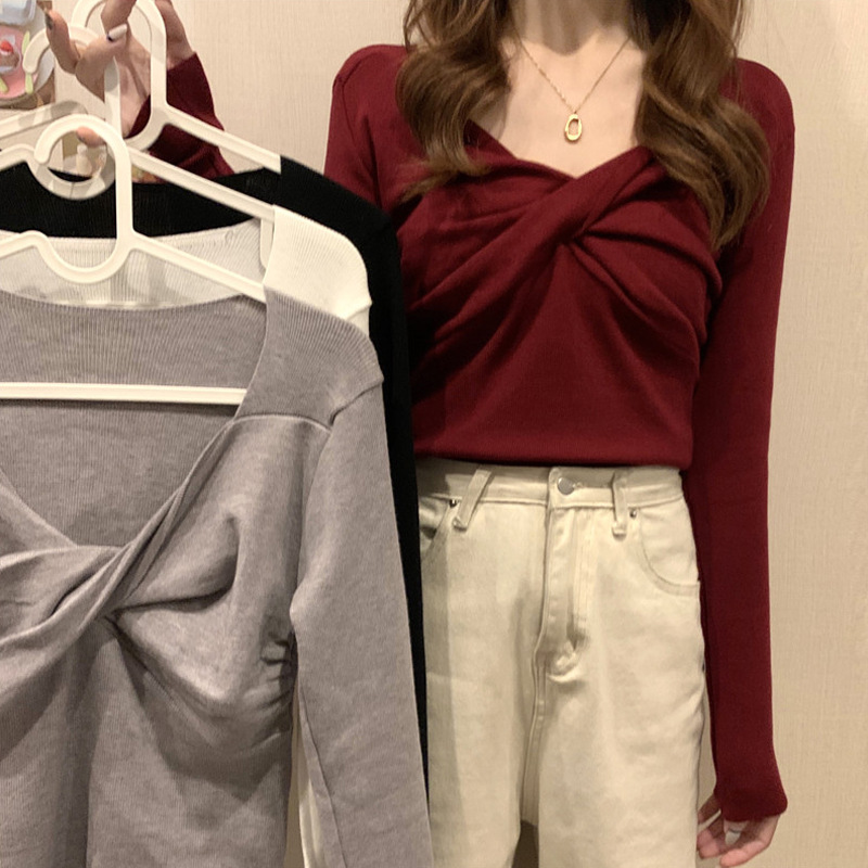 Picture of Early Spring 2021 New Sweater Cared Machine Cross V-neck Knitted Sweater Women's Autumn and Winter Slim-fit Inner Base Shirt Top