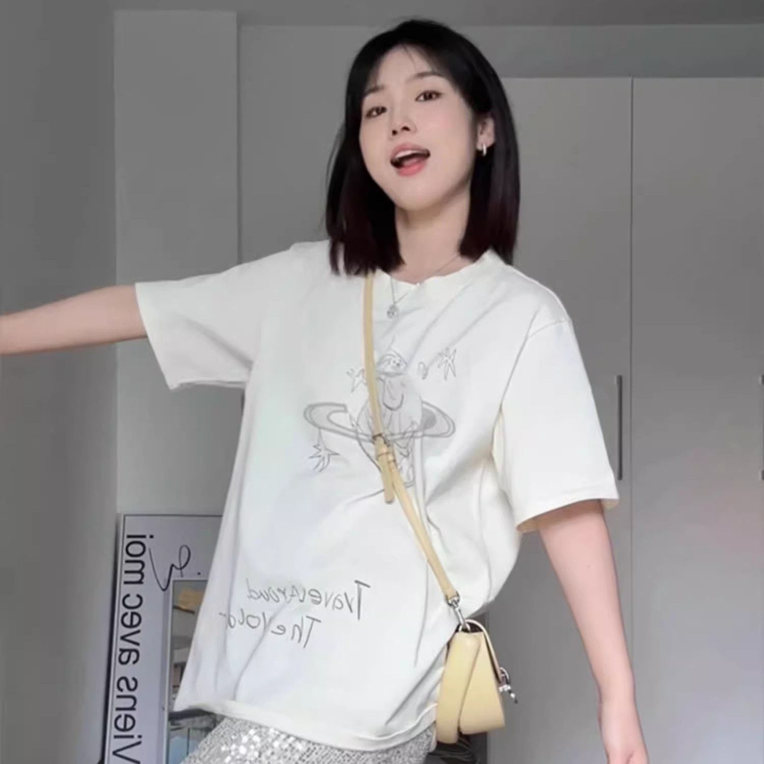 Free Printed Shoulder Short-sleeved T-shirt Women's Summer Thin Korean Style Design Sense Niche Loose Modal Top Trendy