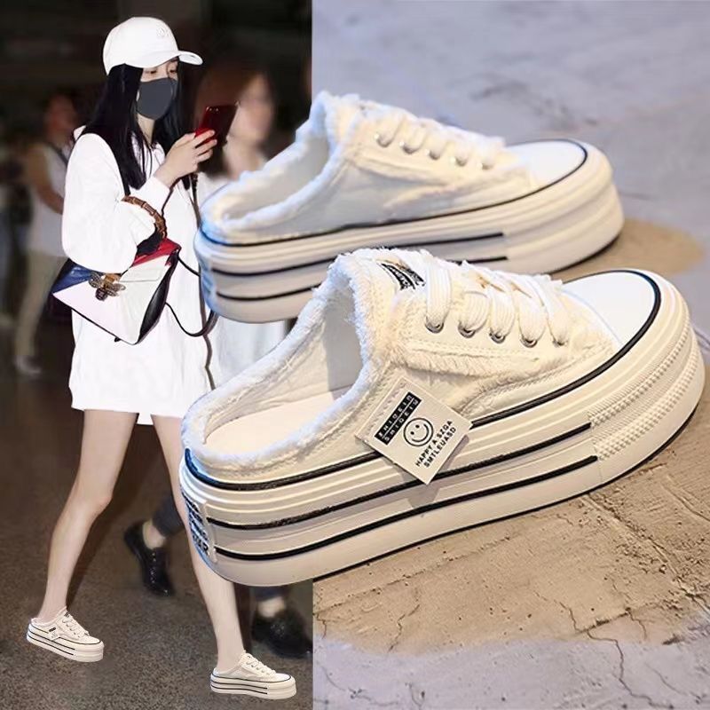 Half Slippers Women's Outwear Baotou Thick-soled Casual Women's Shoes 2024 Summer and Autumn New All-match Unheeled Canvas Shoes for Women