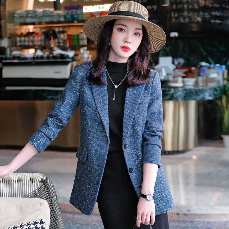 Picture of Autumn and winter leather temperament commuter blue Korean single-breasted suit collar solid color viscose thin temperament clothing