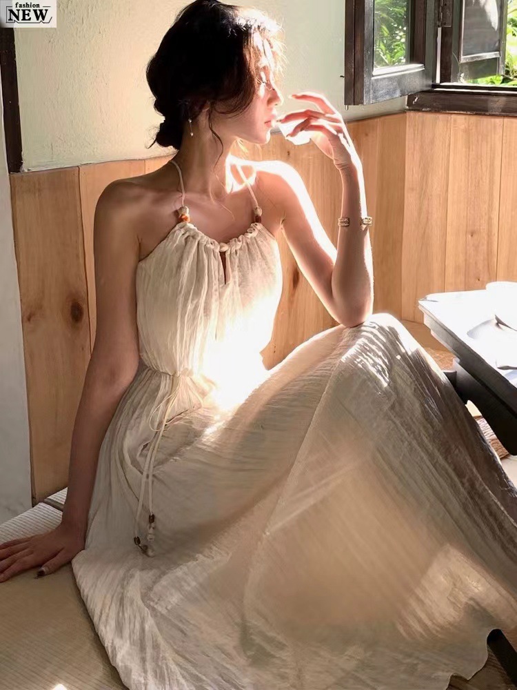 2024 Summer New Holiday Style Hanging Neck White dress Shoulder-exposed Pure Desire Retro Cool New Chinese Style Improved Hanging