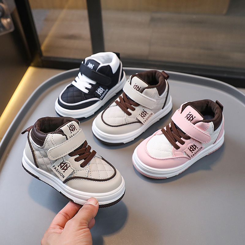 2025 Spring and Autumn Children's Sports Shoes Girls Solid Plate Shoes Boys High Top Bread Shoes Velcro Baby Shoes