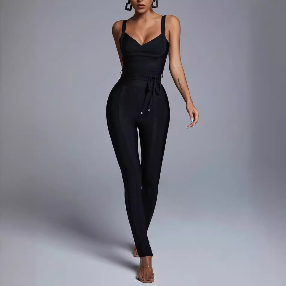 European and American New Sling V-neck Pencil Jumpsuit Amazon Cross-border Special Bandage Jumpsuit for Women Black Tight