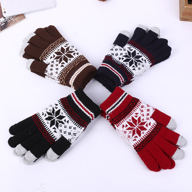 Korean style snowflake jacquard men's thermal gloves knitted gloves outdoor touch screen gloves leather gloves