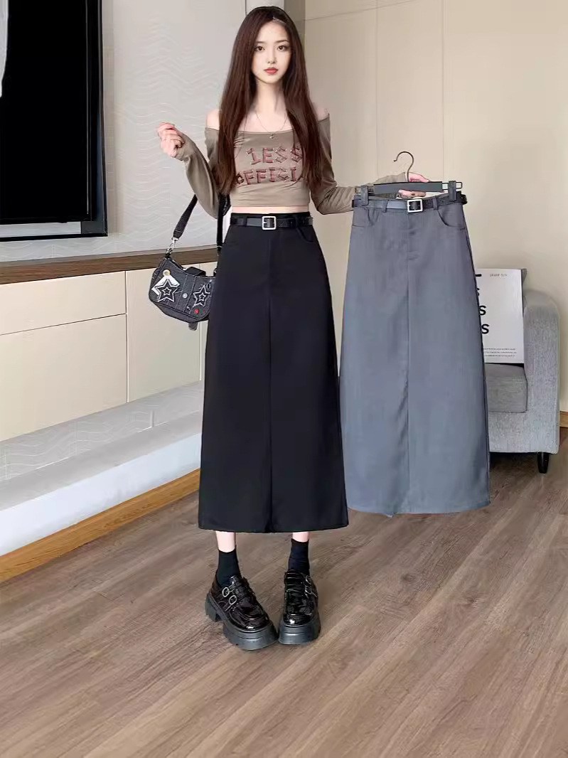 plus size Grey Suit Hip Covering Slim Look Skirt Women's chubby girl Light Mature High Waist All-Match A- Line Mid-Length Skirt