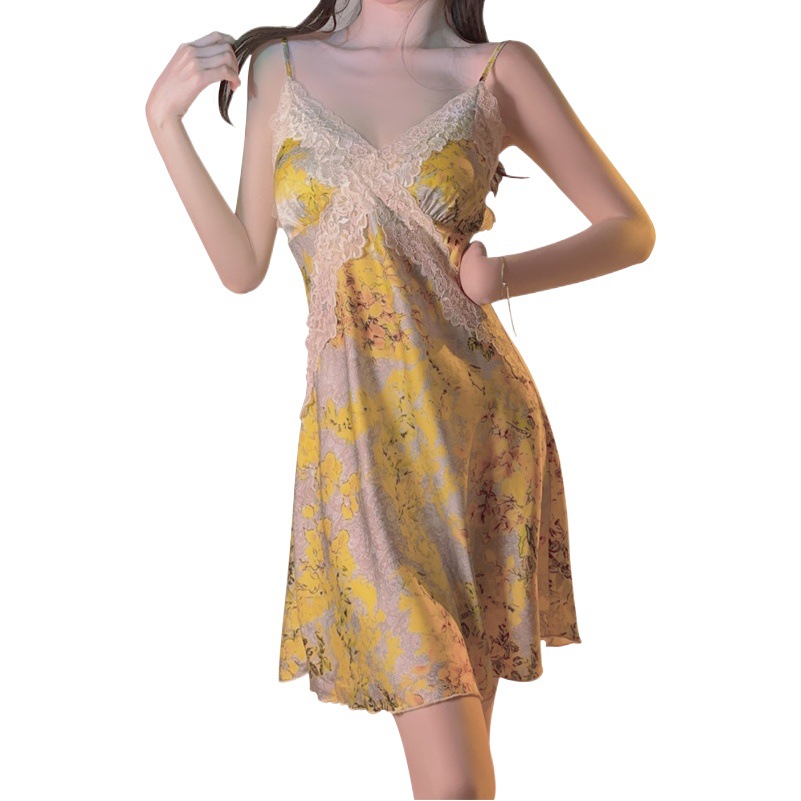Ruoruo brand yellow floral chest pad satin cross lace waist slimming comfortable nightdress robe suit 3788