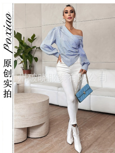 Cross-Border Large Size Shirt for Women 2024 Autumn and Winter New Design Slant Collar Lantern Sleeve Versatile