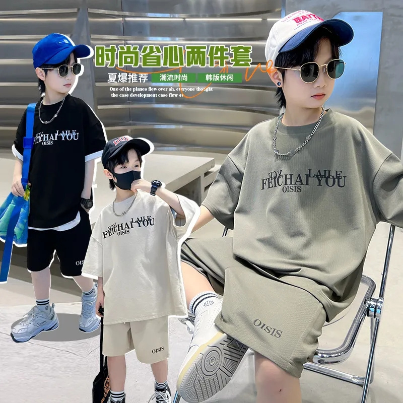 Boys' Sports suit 2024 Summer New Duffy Handsome Boys Round Neck Thin T-shirt Pants Loose Two-Piece Set