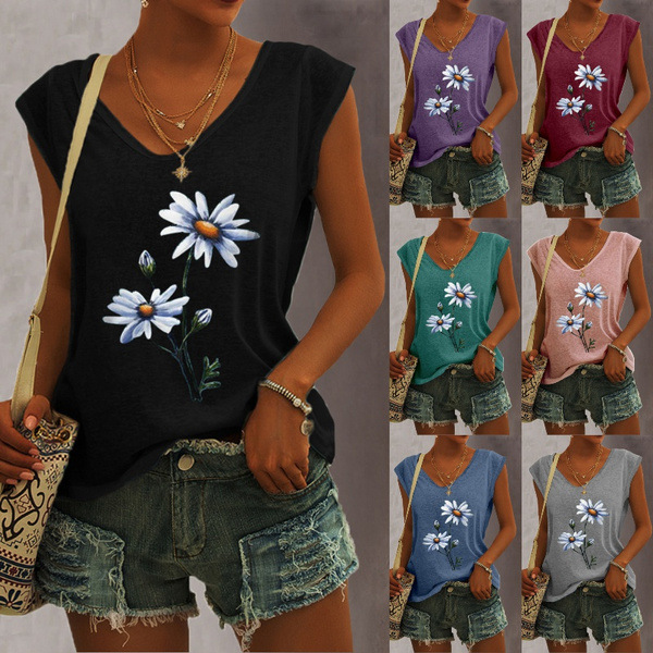 Cross-Border 2021 Spring and Summer New Amazon Popular Women's Tops Loose Round Neck Flower Print Sleeveless T-Shirt for Women