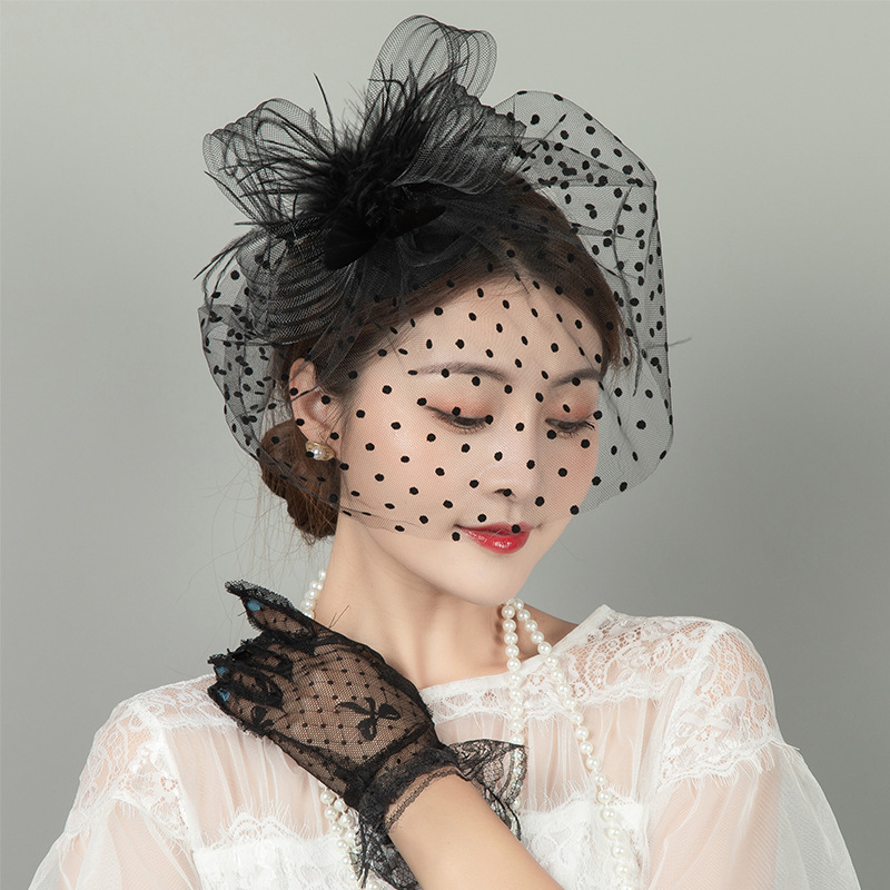 Picture of Retro dance party cheongsam dress accessories mesh hat gloves suit european and american socialite feather face covering hair accessories suit
