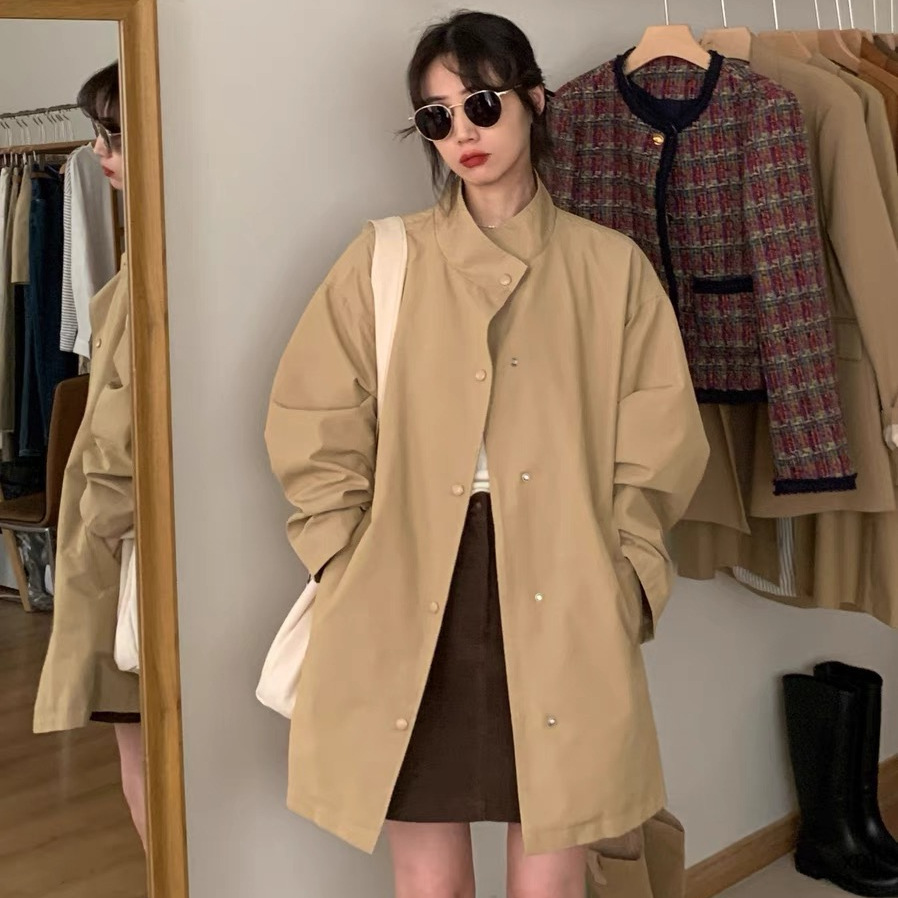Picture of South Korea minimax style early autumn new coat stand collar loose casual jacket retro lazy long trench coat women,