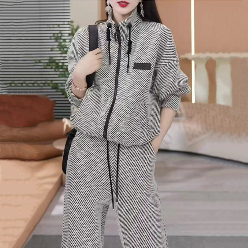 Spring and Autumn New Fashion Casual Striped suit Women's 2024 Loose Cardigan Top Wide Leg Pants Two-piece Women's Clothing