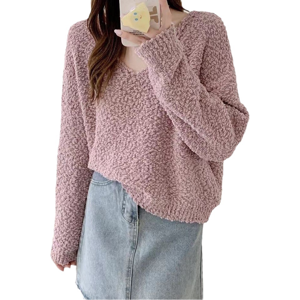 South Korea Dongdaemun 2023 Early Autumn New Lazy Style Coarse Wool Slimming Casual V-Neck Simple Pullover Sweater for Women