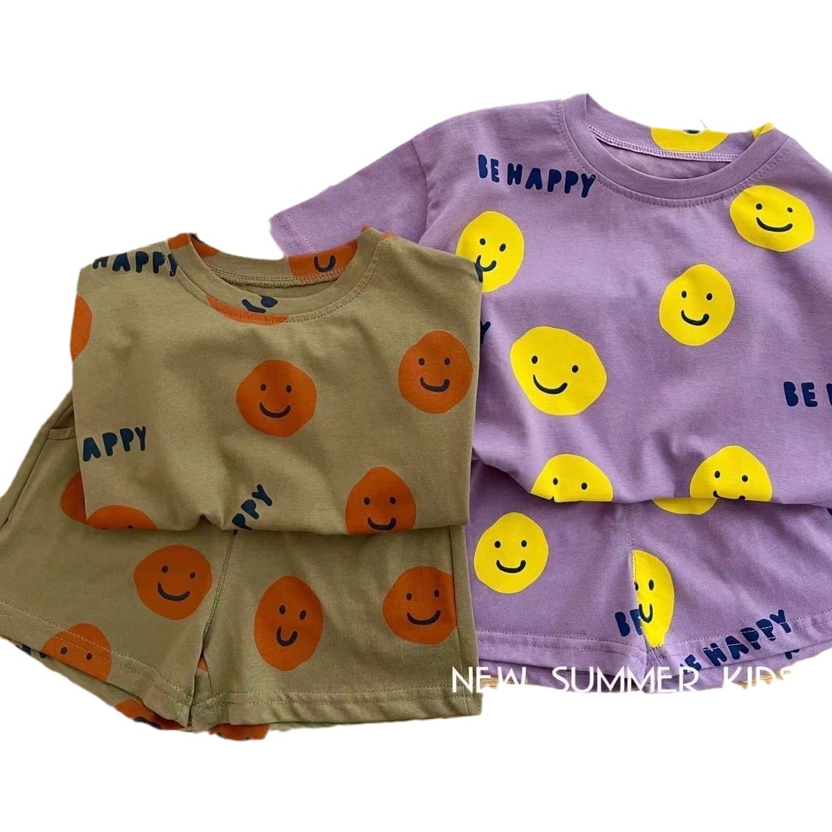 Girls' summer suit 2023 new children's full printed cartoon smiley face short sleeve children boys' thin two-piece set
