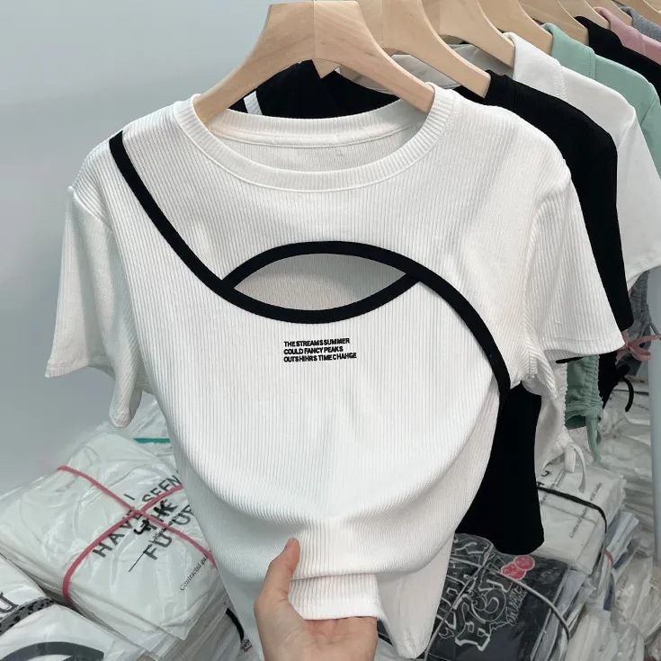 Unique and Chic Hong Kong Style Chic Sweet Spice Girl Slim-fit Short Hollow Top Design Sense chubby girl Short-sleeved T-shirt for Women in Summer