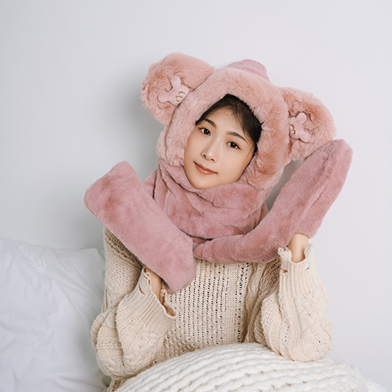Picture of New Bear Hat Winter Hat Cute Warm Thickened Scarf Integrated Ear Protection Hat Three-Piece Set Cycling Cold Protection Hat