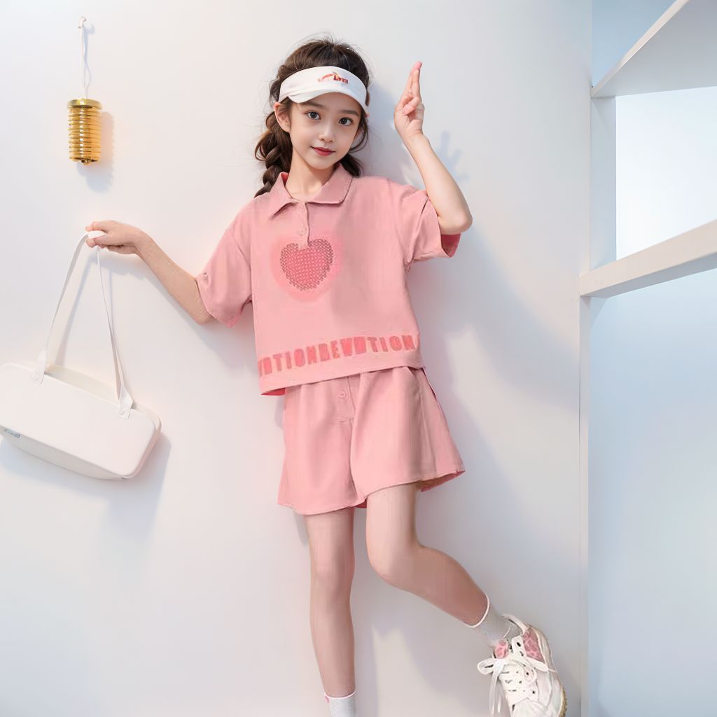 Picture of Girls Summer Suit 2025 Summer New Style Fashionable Big Kidsren's Clothing Pure Cotton Short-Sleeved T-Shirt Two-Piece Set