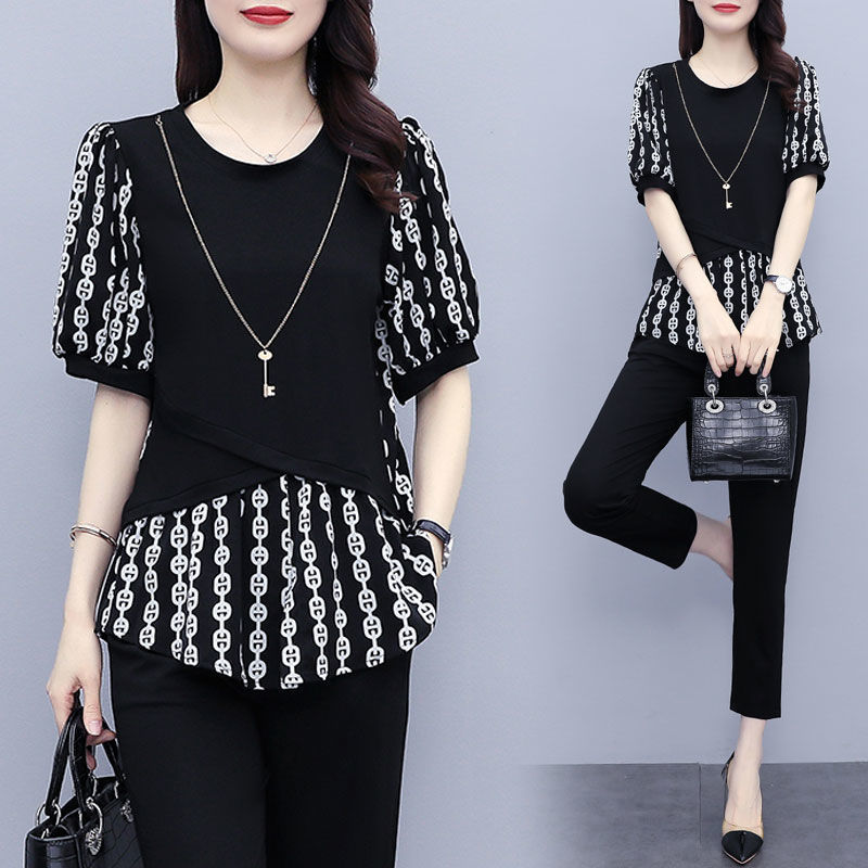 Rich Lady Summer Fashionable High-grade Two-piece Set Belly-covering Slimming Large Size Women's Clothing Breathable Cool Casual Style Suit