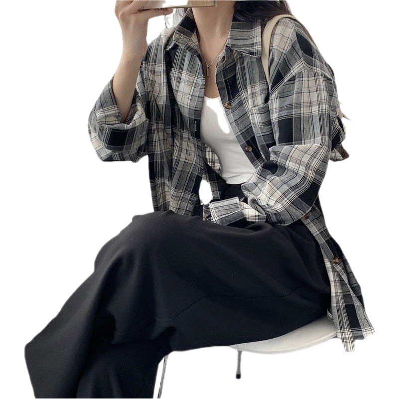 Retro Plaid Shirt Women's 2022 Summer New Loose Top Design Niche Spring and Autumn Shirt Outer Shirt