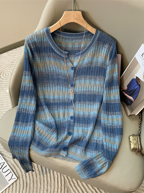 Picture of Spring and Autumn Contrast Color Striped Color Knitted Cardigan Top Women's New Casual Loose Hollow Bottoming Top Sun Protection Shirt