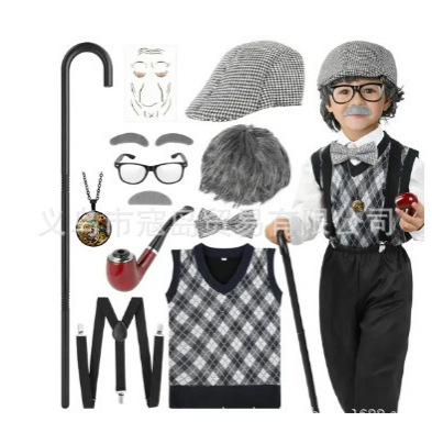 COS Old Man Dress Up Halloween Children Grandpa Vest Wig Beard Granny Children Show Wig