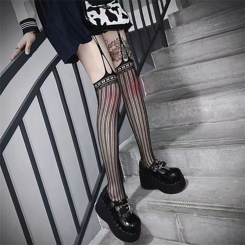Wide Vertical Striped Suspender Hollow Pantyhose Vertical Striped Suspender Stockings Pure Desire Hot Girl Fishnet Stockings Thin Pantyhose