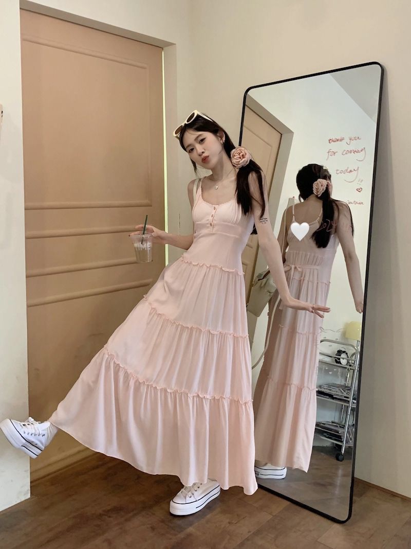Gentle Style Pink Sling dress Women's Spring Sweet Agaric Elegant Waist Slimming A- line Skirt