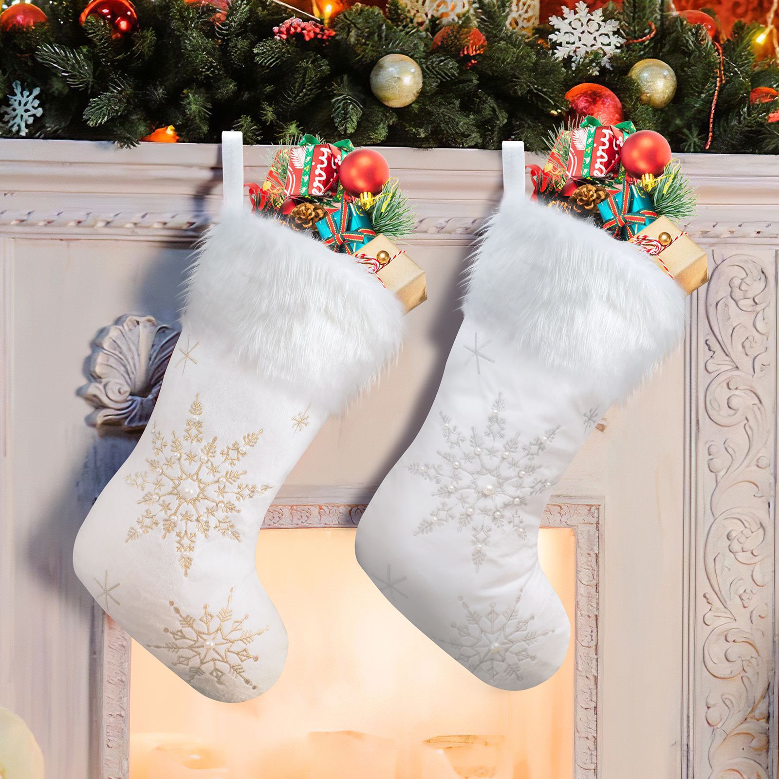Christmas decorative large gold and silver pearl snow socks creative plush Christmas socks gift socks gift bag