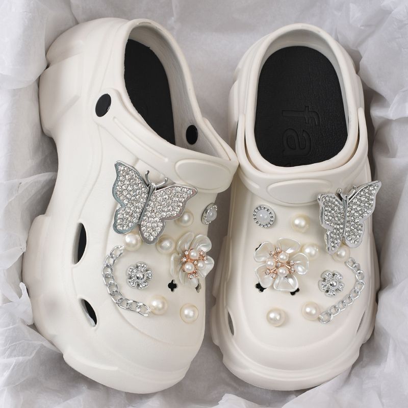 Eva Clogs for Women, Summer Thick-Soled Height-Increasing Outdoor Pearl and Rhinestone Beach Sandals, Platform Sandals for Women, Suitable for Outdoor Wear