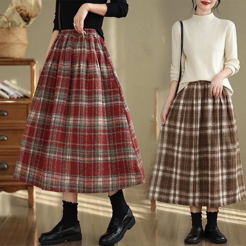 Real Shot Thickened Woolen Tight Waist Plaid Skirt Vintage Artistic A- Line Skirt for Women