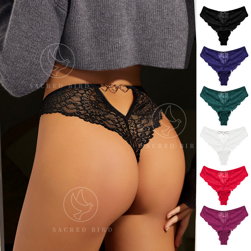 Fun Lace Perspective Large Size Sexy T-shaped Pants Women's French Fine Metal Buckle Women's Cotton Crotch T-shaped Underwear
