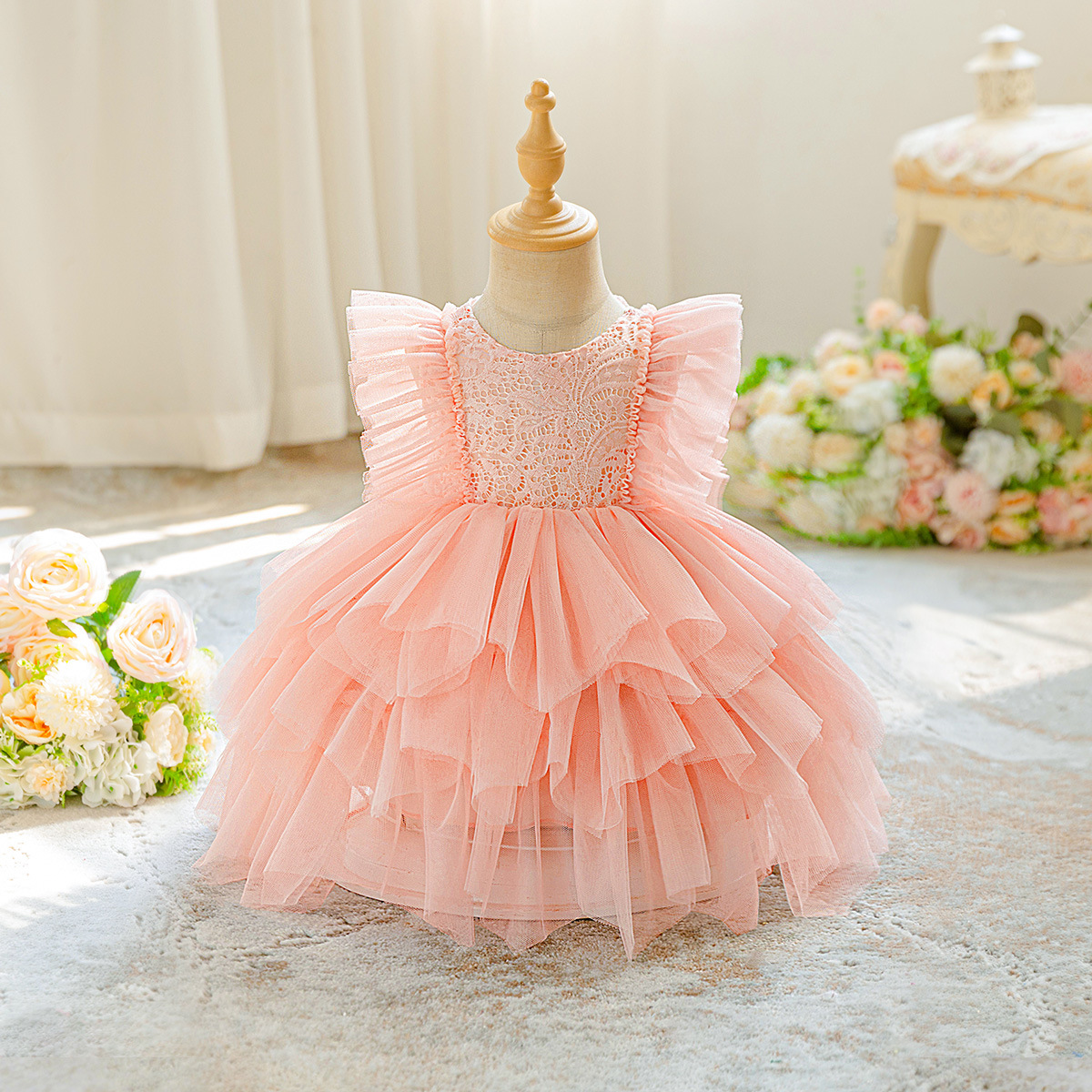 Girls Baby Fluffy Dress Embroidered Lace First Birthday Kidsren's Skirt Multi-Mesh Cake Princess Skirt
