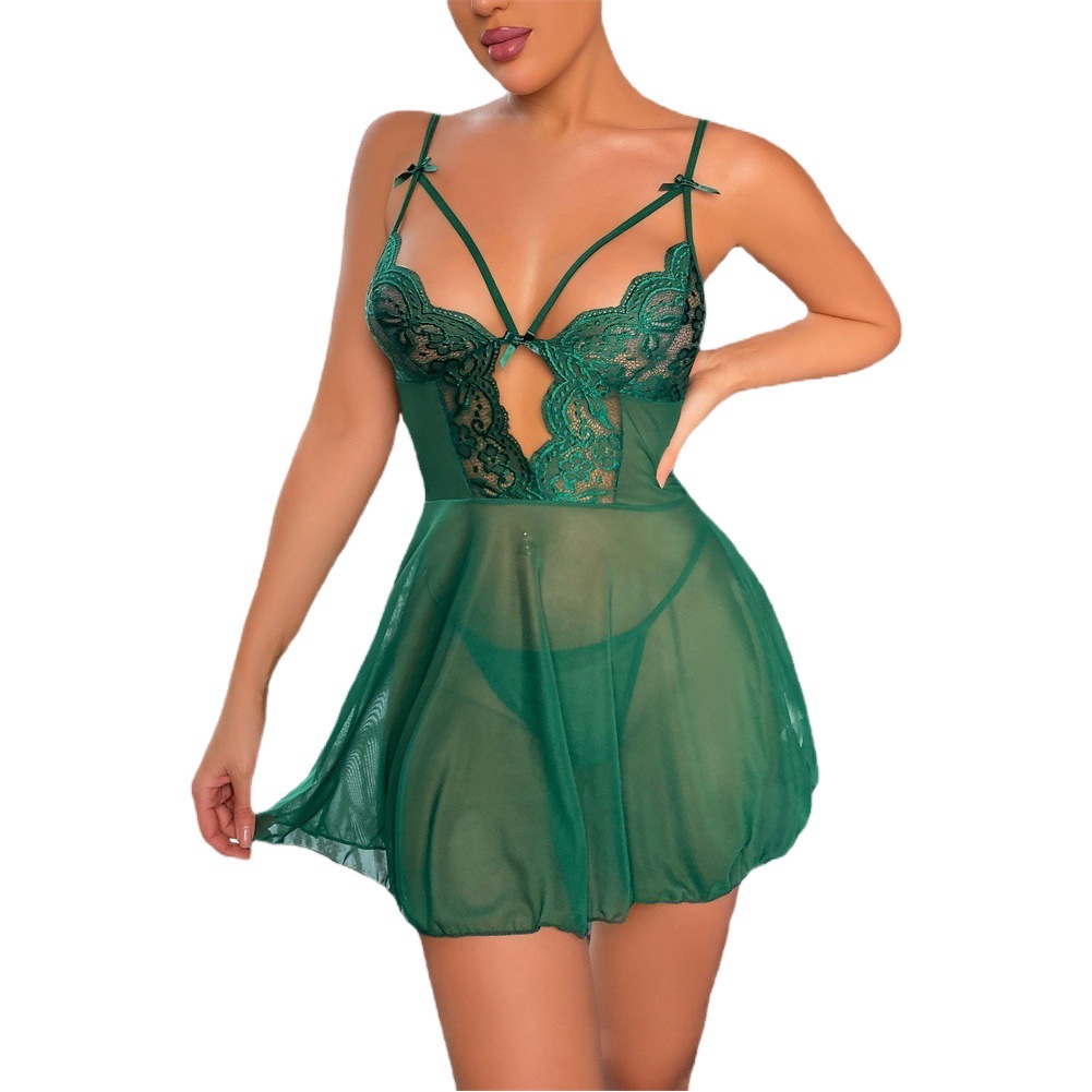 Foreign Trade European and American Sex Underwear Lace Lightweight Breathable Mesh Backless Sling Nightdress Perspective Temptation Backless Pajamas