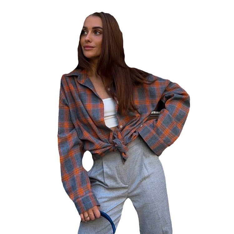 Picture of 2024 Spring and Autumn Amazon OZON Cross-border Retro Style All-match Loose Shirt * Fashion All-match Plaid Shirt Women