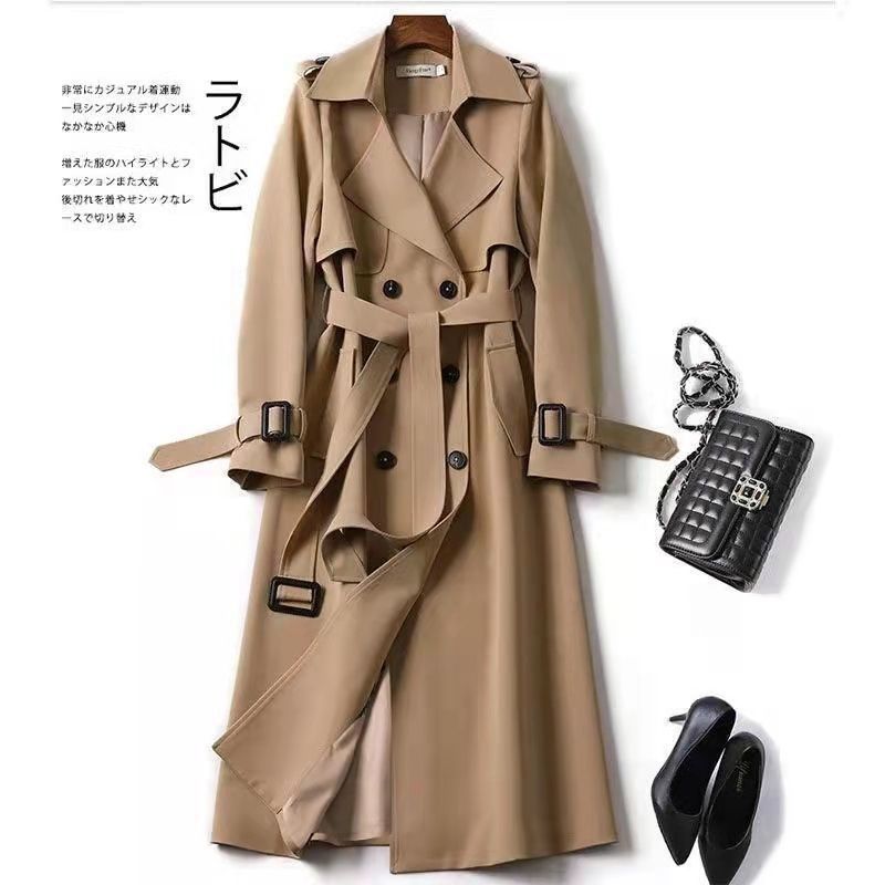 Black Trenchcoat Women's Mid-length 2024 Spring and Autumn New Korean Style Petite Popular British Style Coat Over-the-knee Coat