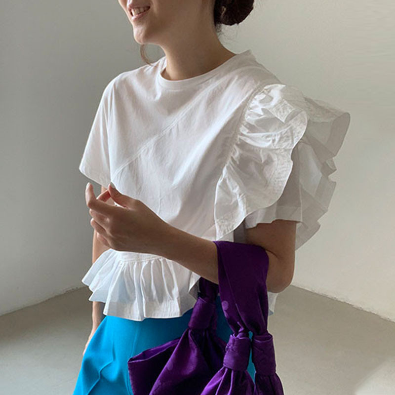South Korea Chic Summer Niche Elegant Round Neck Irregular Design Ruffled Stitching Loose Casual Short Sleeve Shirt
