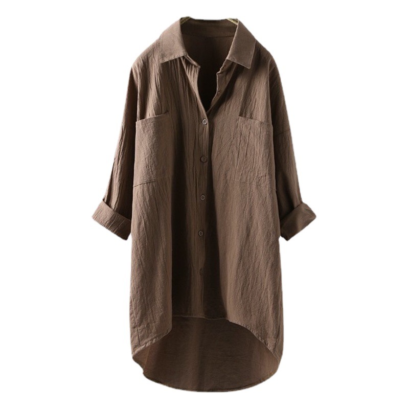 Japanese and Korean New Women's Casual Style Solid Color Shirt Autumn Cotton Linen Cardigan Double Pocket Long Sleeve Top