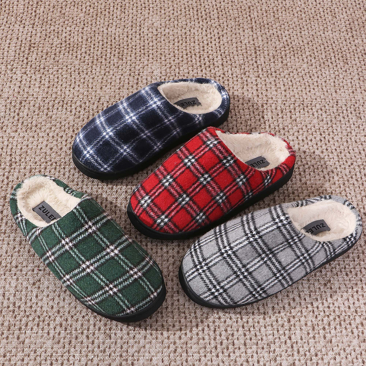 Cross-border Household Mao Mao Slippers Winter Warm Rabbit Fur Plaid Cotton Slippers Thickened Non-slip Soft Bottom Cotton Slippers