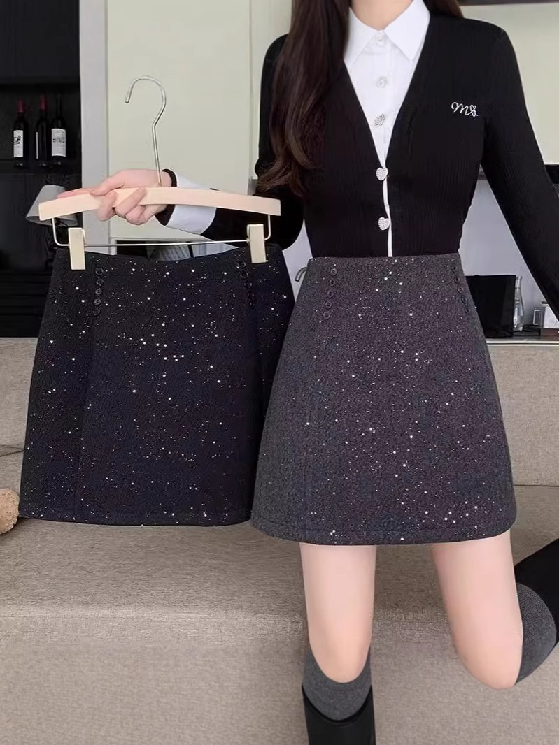 Real shot 2024 autumn and winter new chubby girl plus size female Korean version of chic heavy industry sequins cover crotch slim wool skirt