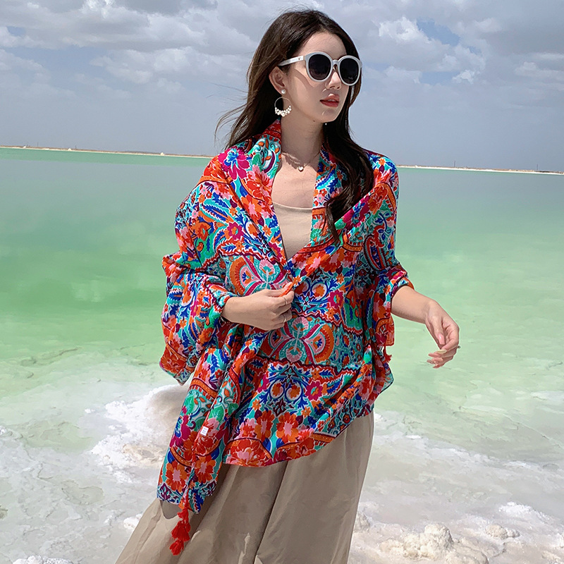 Picture of Summer Outdoor Leisure Comfortable Breathable Scarf Ethnic Style Vacation Cloak Beach Seaside Photo Play Large Shawl