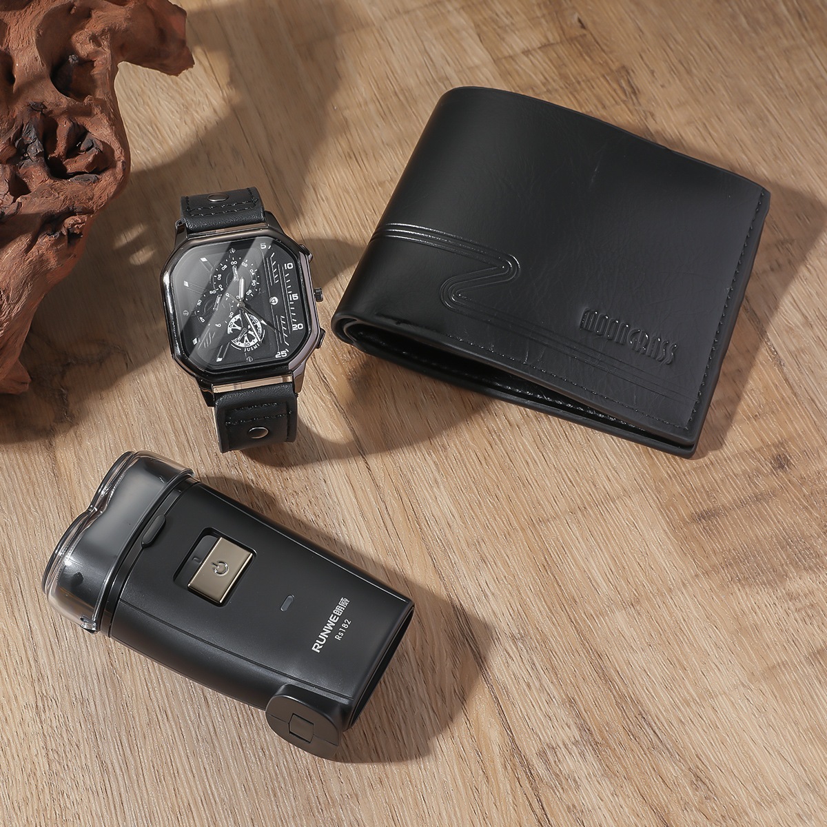 Picture of Men's Generous Dial Belt Quartz Watch Wallet Razor Belt Five-Piece Black Gift Set