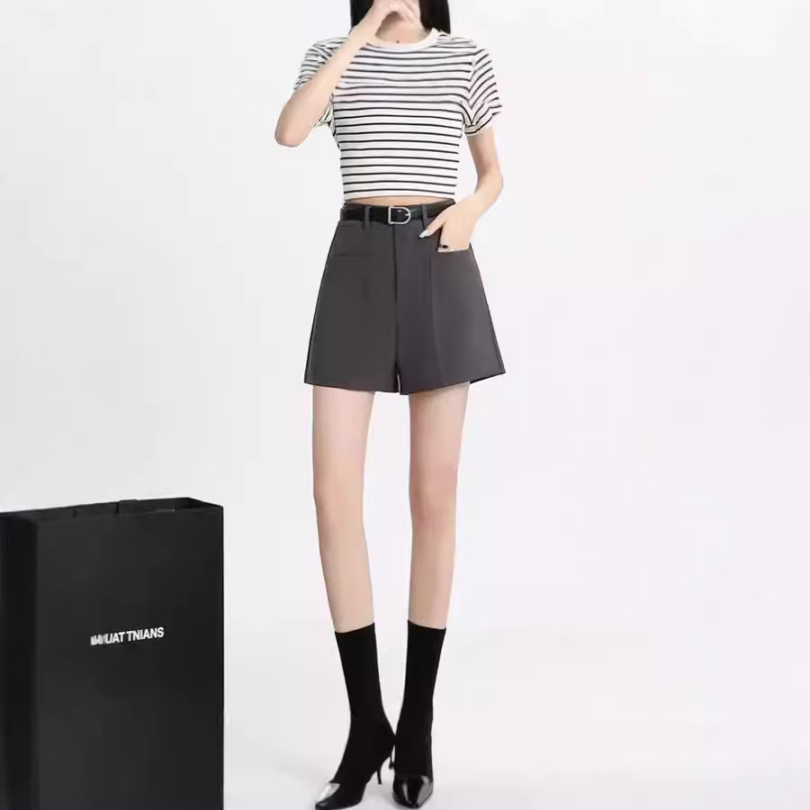 Large Pocket Design Sense Suit Shorts Women's Autumn 2024 New High Waist Slimming Loose A- line Wide Leg Casual Pants
