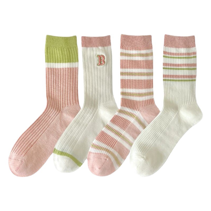 Pink Socks Women's Spring and Summer Thin Sweet Ins Style Striped Letter Embroidered Pile Socks Cute Socks