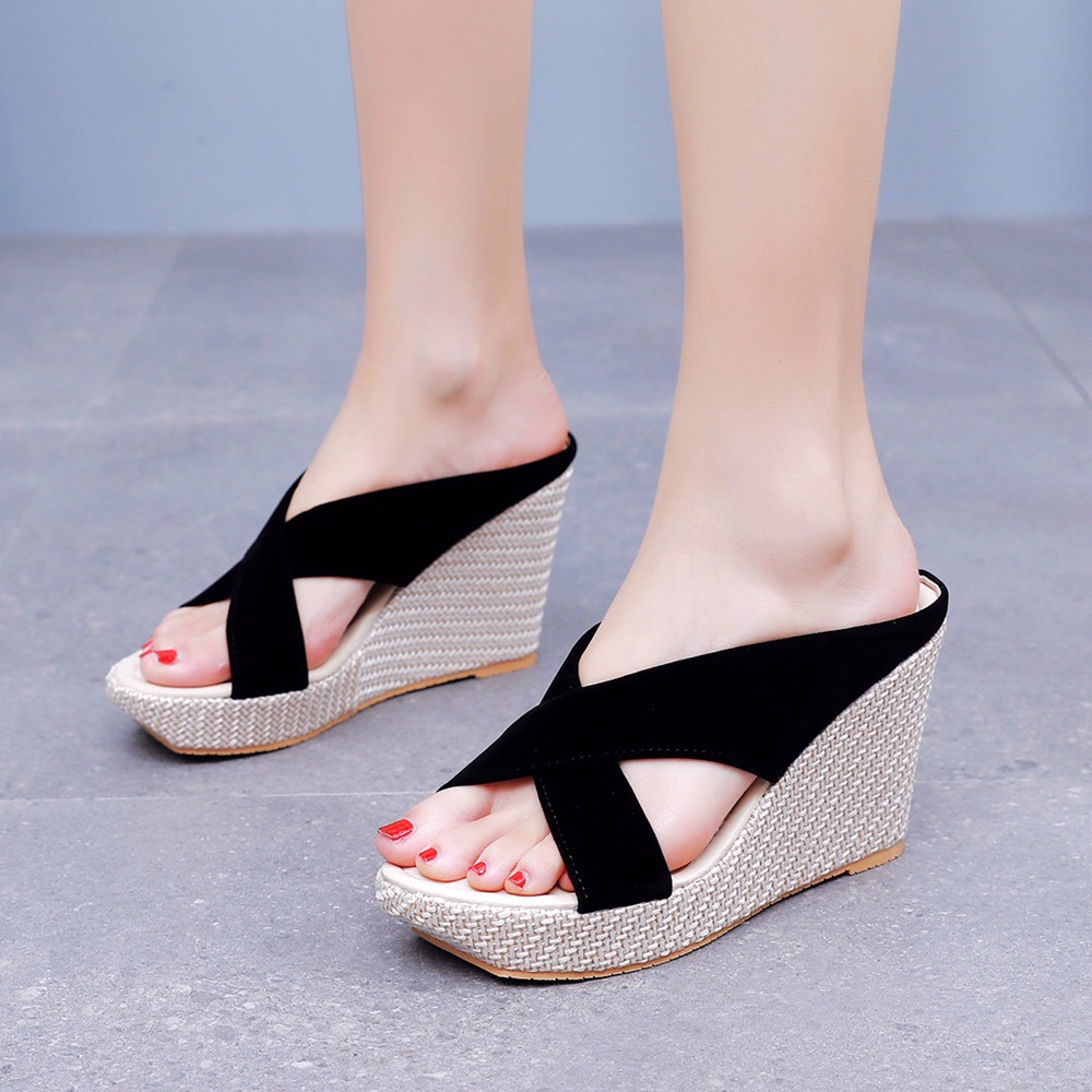 9cm Wedge Fishtoe Sandals Thick-soled Wedge Platform Slippers Bohemian Beach Square Hollow Sandals