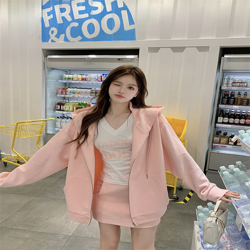 Pink Hooded Sweatshirt Coat Women's Spring and Autumn 2024 New Casual Loose Slimming Long Sleeve Top Skirt