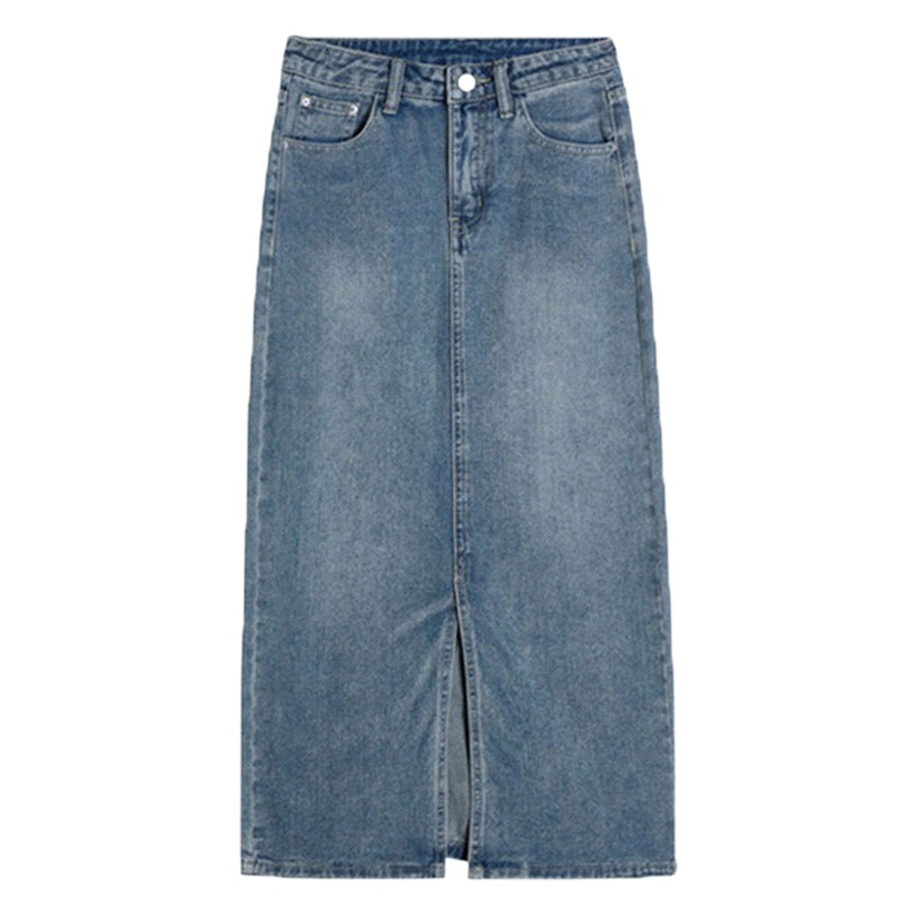 Summer Vintage ins Style Korean Style High Waist Front Split Denim Skirt Women's Straight Mid-length A- line Hip Skirt