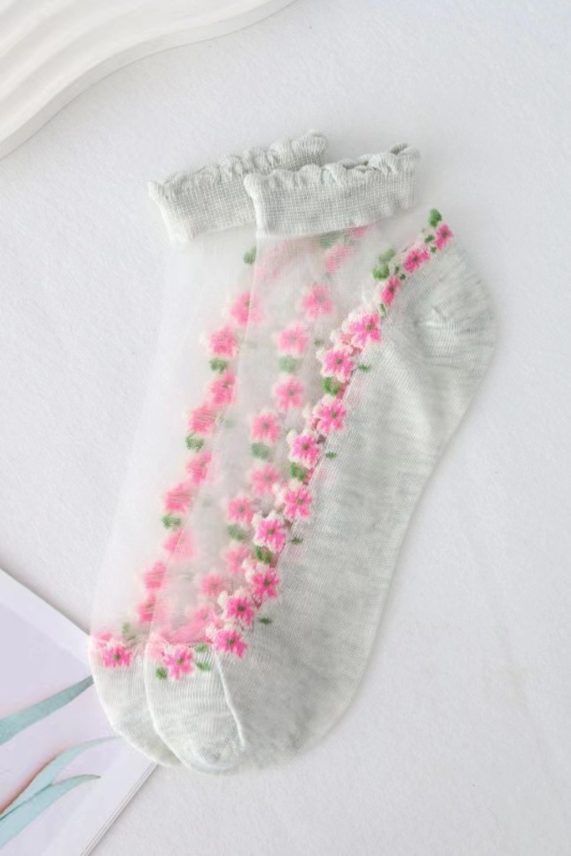Picture of Floral Glass Silk Women's Summer Short Socks Japanese Style Cute Fresh Style ins Short Socks Cotton Bottom Sweat Absorbing Breathable Socks