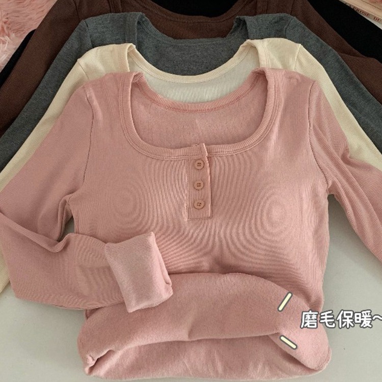 Velvet Pink Base Shirt Square Collar Shoulder fleece-lined T-shirt Women's Autumn and Winter Slim-fit Warm-keeping Short Long-sleeved Inner Top