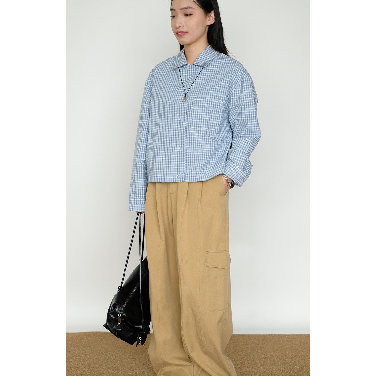 25 Spring Refreshing Series Korean Style All-match Real Wear Miu Style Cotton Shirt Women's Stacked Inner Short Long-sleeved Top